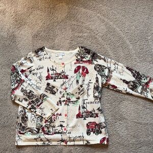 Christopher & Banks Petite Paris Print Button Cardigan Sweater Cream Red Size PM